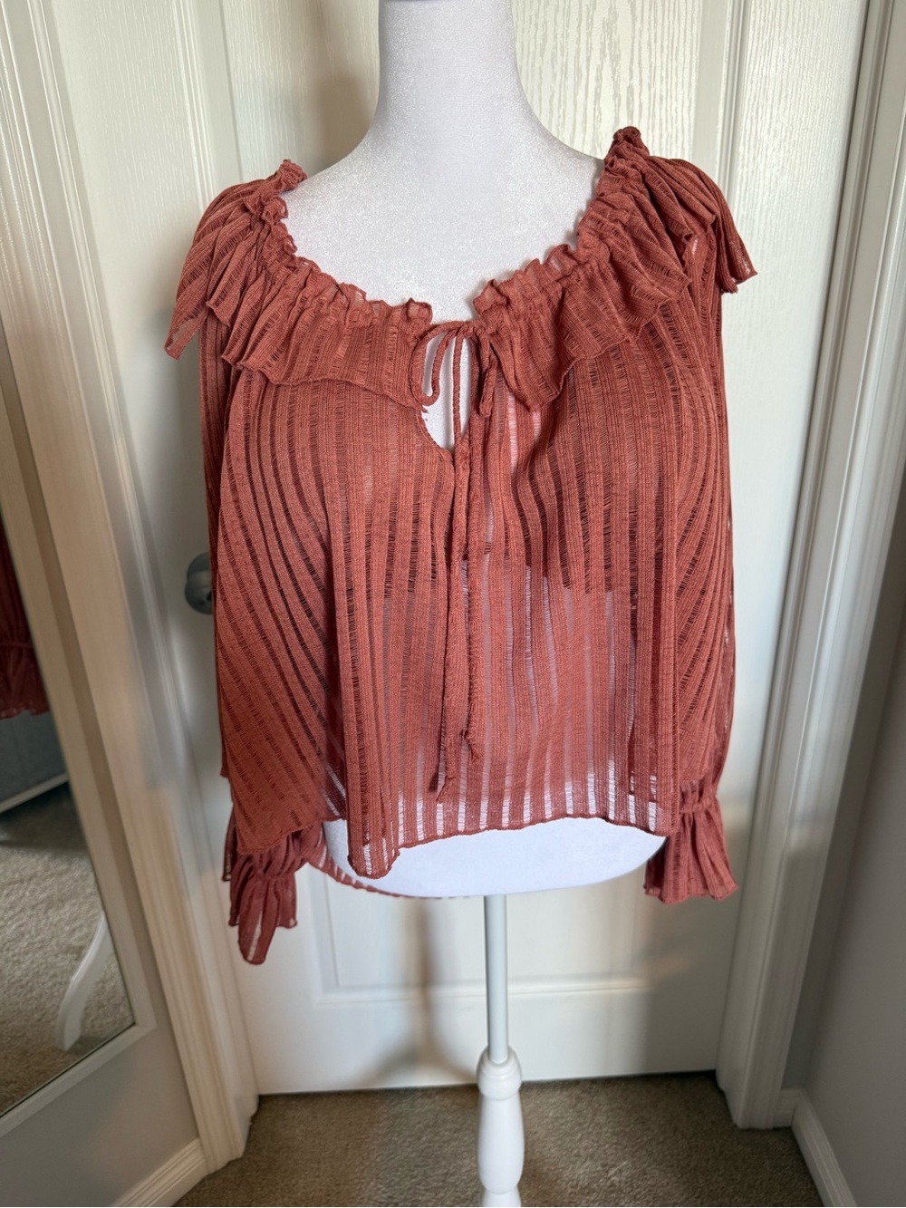 Anthropologie Rust Ruffle Tie-Front Sheer Blouse